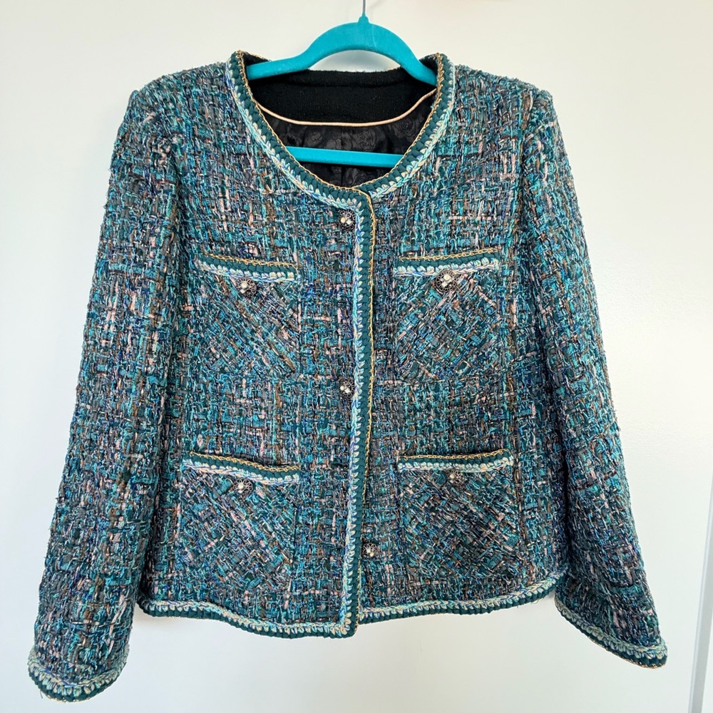 Chic Tweed Blazer in Teal and Black